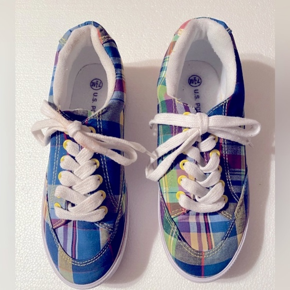 U S Polo‎ Ralph Lauren Plaid Women’s Sz 7.5 M Lace Up Sneakers Tennis Shoes